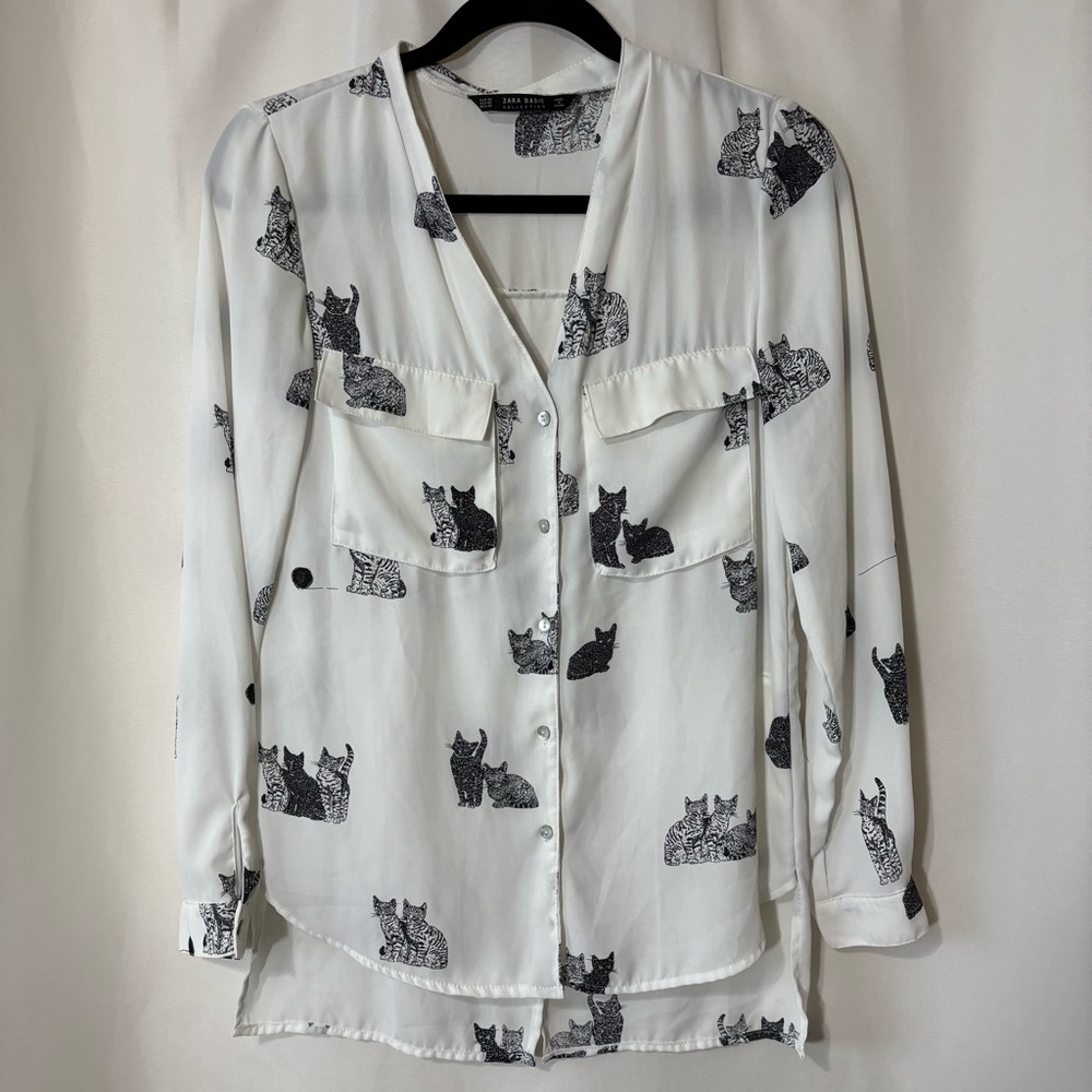 Zara Basic Collection Black and White Cat Print Blouse Size XS